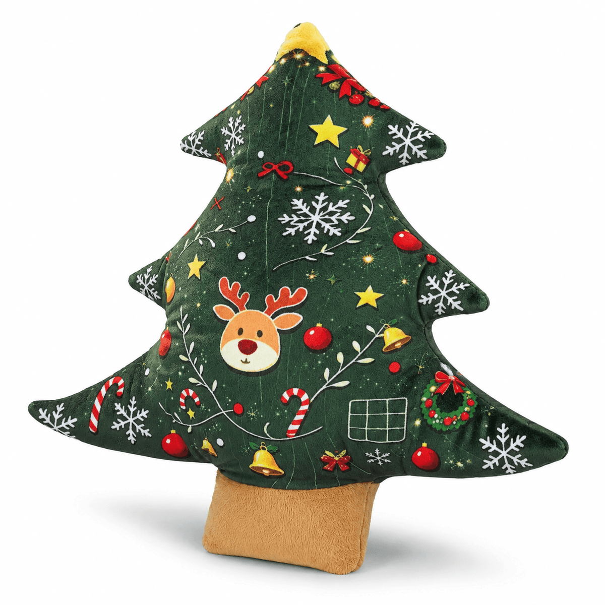 11.02inch Christmas Tree Shaped Plush Dog Toy Pillow with Built-in Bell, Reindeer Snowflake Print Anti Squeaking Chew Doll, Dog Cat Interactive Pet Toy, Christmas Sofa Cushion, Holiday Gift