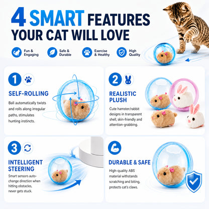 2026 New Self-Rolling Interactive Cat Electric Ball, Realistic Animal Automatic Moving Rolling Cat Ball 360° Rolling Spin Moving Cat Ball Fun Indoor Interactive Pet Ball for Cats Dogs Chasing, Without Battery