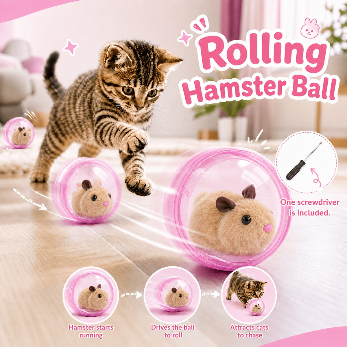 2026 New Self-Rolling Interactive Cat Electric Ball, Realistic Animal Automatic Moving Rolling Cat Ball 360° Rolling Spin Moving Cat Ball Fun Indoor Interactive Pet Ball for Cats Dogs Chasing, Without Battery