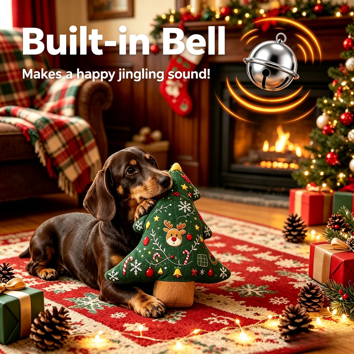 11.02inch Christmas Tree Shaped Plush Dog Toy Pillow with Built-in Bell, Reindeer Snowflake Print Anti Squeaking Chew Doll, Dog Cat Interactive Pet Toy, Christmas Sofa Cushion, Holiday Gift