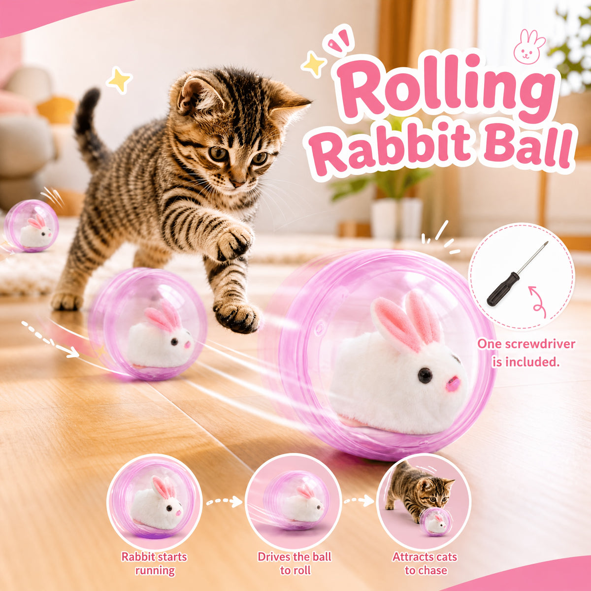 2026 New Self-Rolling Interactive Cat Electric Ball, Realistic Animal Automatic Moving Rolling Cat Ball 360° Rolling Spin Moving Cat Ball Fun Indoor Interactive Pet Ball for Cats Dogs Chasing, Without Battery