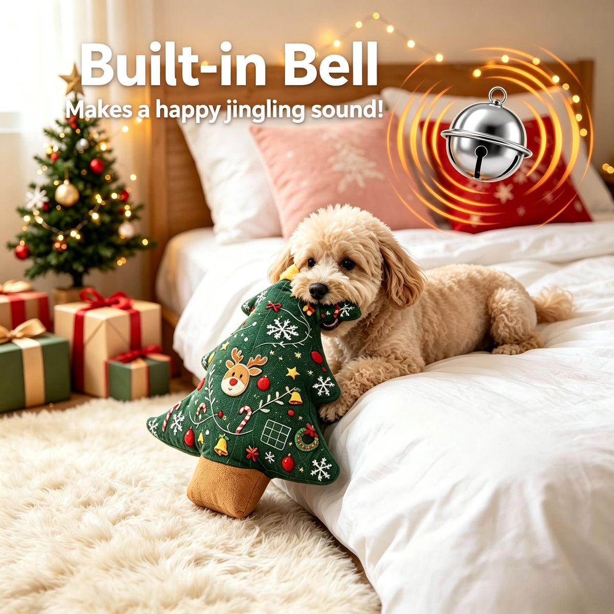 11.02inch Christmas Tree Shaped Plush Dog Toy Pillow with Built-in Bell, Reindeer Snowflake Print Anti Squeaking Chew Doll, Dog Cat Interactive Pet Toy, Christmas Sofa Cushion, Holiday Gift