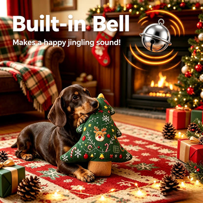 11.02inch Christmas Tree Shaped Plush Dog Toy Pillow with Built-in Bell, Reindeer Snowflake Print Anti Squeaking Chew Doll, Dog Cat Interactive Pet Toy, Christmas Sofa Cushion, Holiday Gift