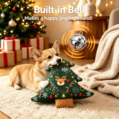 11.02inch Christmas Tree Shaped Plush Dog Toy Pillow with Built-in Bell, Reindeer Snowflake Print Anti Squeaking Chew Doll, Dog Cat Interactive Pet Toy, Christmas Sofa Cushion, Holiday Gift