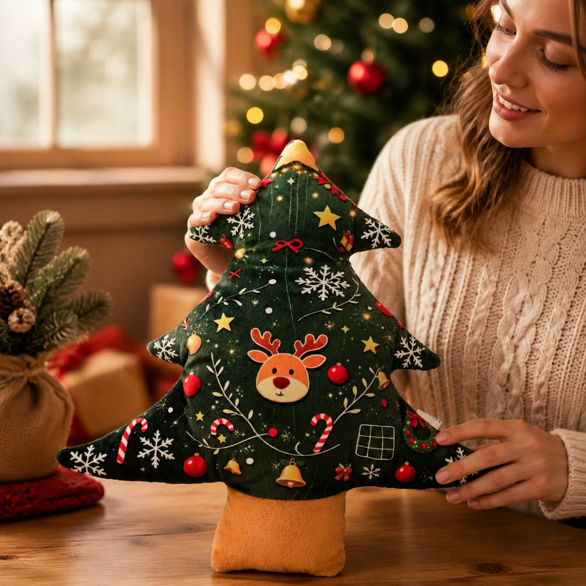11.02inch Christmas Tree Shaped Plush Dog Toy Pillow with Built-in Bell, Reindeer Snowflake Print Anti Squeaking Chew Doll, Dog Cat Interactive Pet Toy, Christmas Sofa Cushion, Holiday Gift