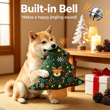 11.02inch Christmas Tree Shaped Plush Dog Toy Pillow with Built-in Bell, Reindeer Snowflake Print Anti Squeaking Chew Doll, Dog Cat Interactive Pet Toy, Christmas Sofa Cushion, Holiday Gift