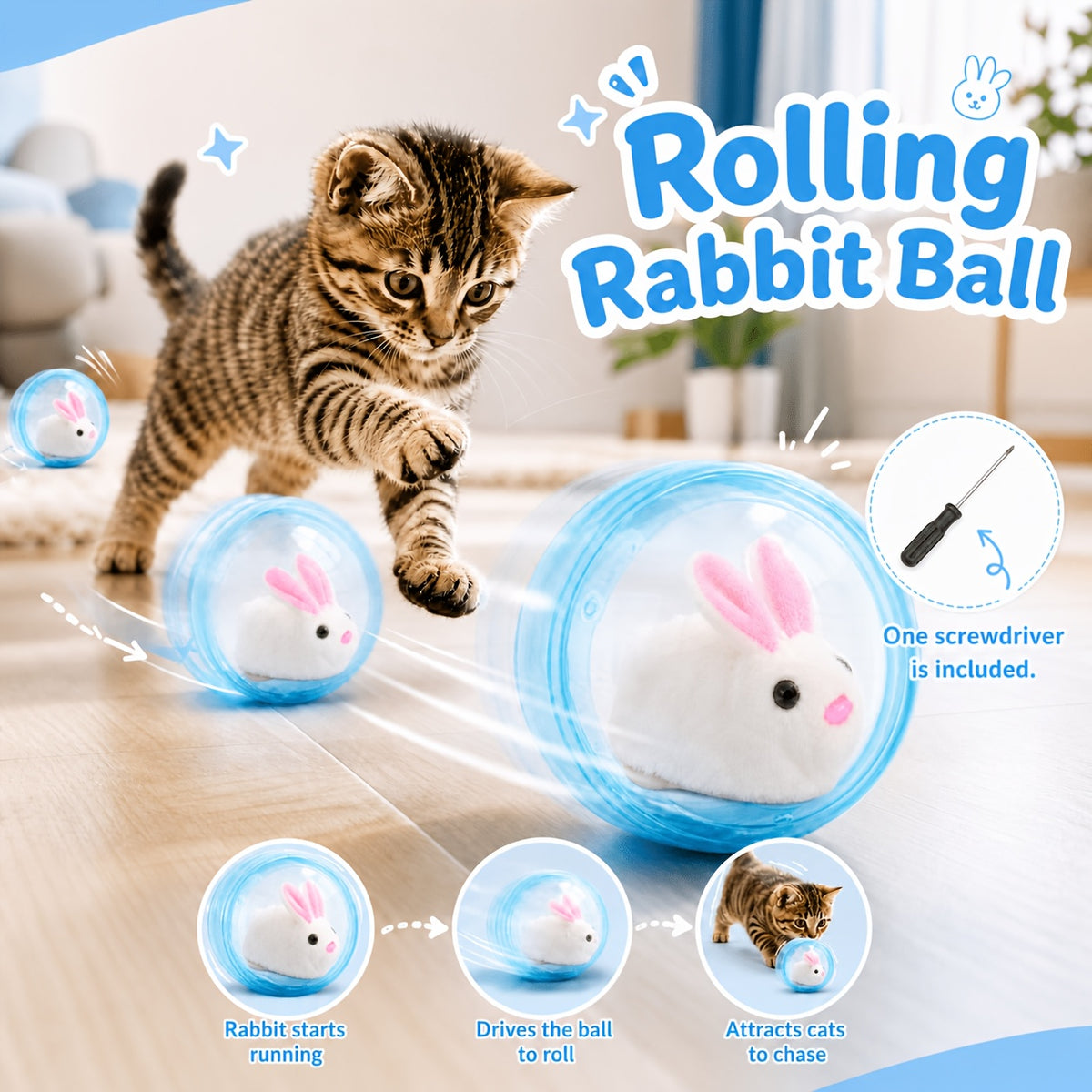 2026 New Self-Rolling Interactive Cat Electric Ball, Realistic Animal Automatic Moving Rolling Cat Ball 360° Rolling Spin Moving Cat Ball Fun Indoor Interactive Pet Ball for Cats Dogs Chasing, Without Battery