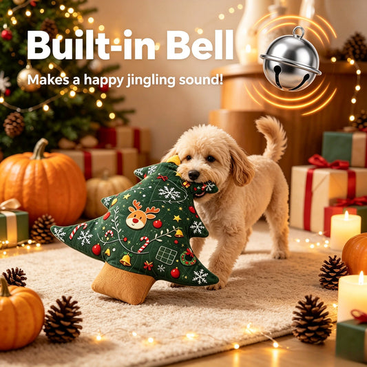 11.02inch Christmas Tree Shaped Plush Dog Toy Pillow with Built-in Bell, Reindeer Snowflake Print Anti Squeaking Chew Doll, Dog Cat Interactive Pet Toy, Christmas Sofa Cushion, Holiday Gift