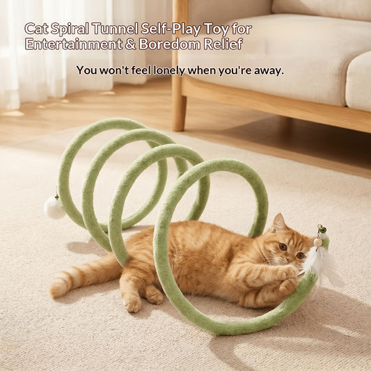 Foldable Plush Coiled Cat Tunnel Toy, Detachable Feather Bell Cat Teaser Accessory, Self-Entertainment Hunting Exercise Toy, Spiral Play Tunnel for Large, Medium, and Small Domestic Cats