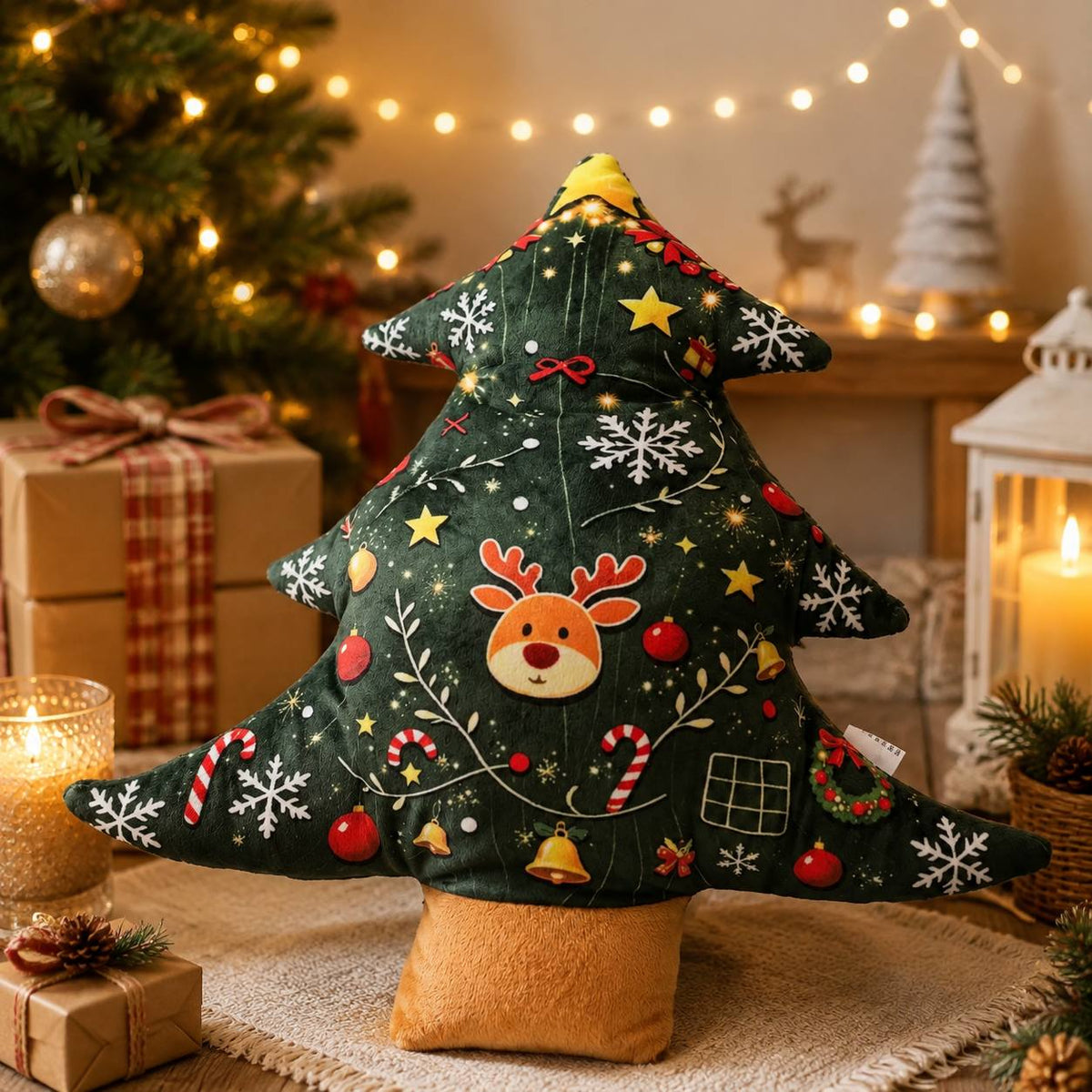 11.02inch Christmas Tree Shaped Plush Dog Toy Pillow with Built-in Bell, Reindeer Snowflake Print Anti Squeaking Chew Doll, Dog Cat Interactive Pet Toy, Christmas Sofa Cushion, Holiday Gift