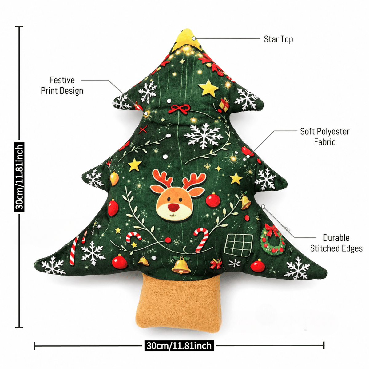 11.02inch Christmas Tree Shaped Plush Dog Toy Pillow with Built-in Bell, Reindeer Snowflake Print Anti Squeaking Chew Doll, Dog Cat Interactive Pet Toy, Christmas Sofa Cushion, Holiday Gift