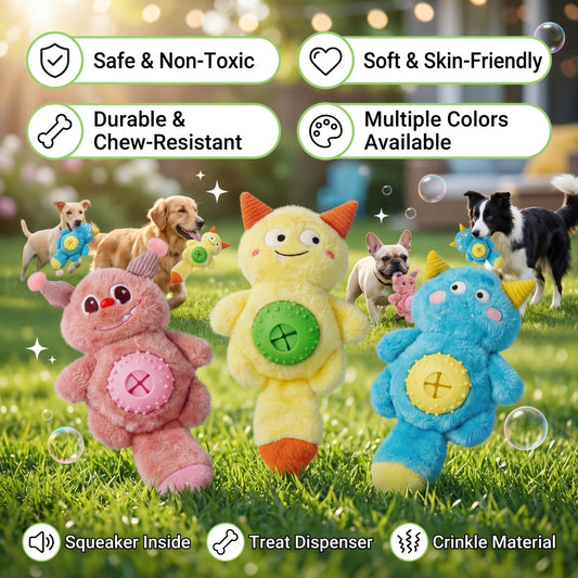 2026 Interactive Monster Plush Dog Chew Toy - Squeaky Crinkle Treat Dispenser & Teething Toy